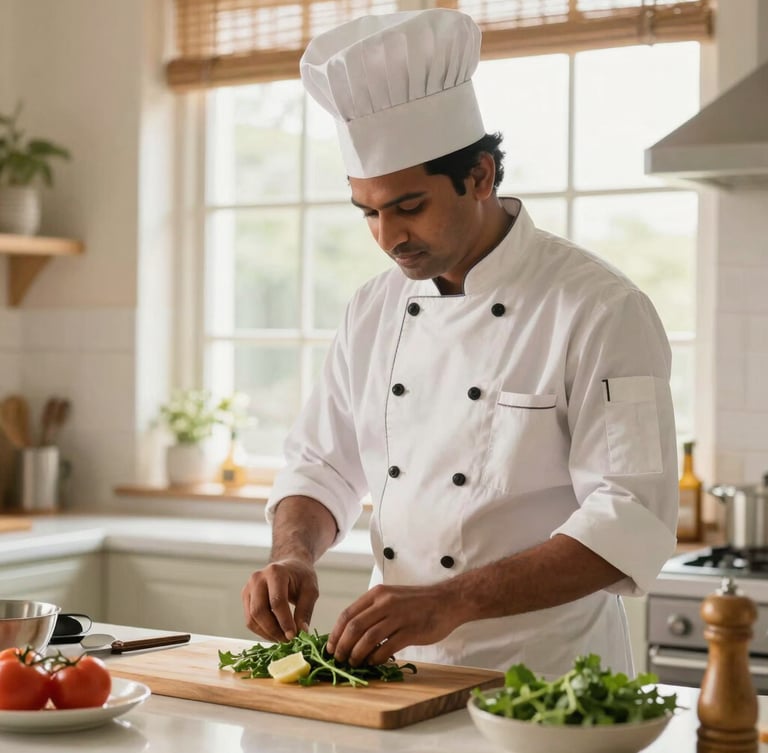 A professional Indian cook in a clean, bright kitchen preparing a fresh meal, warm natural window light, respectful and focused, editorial photography, 35mm