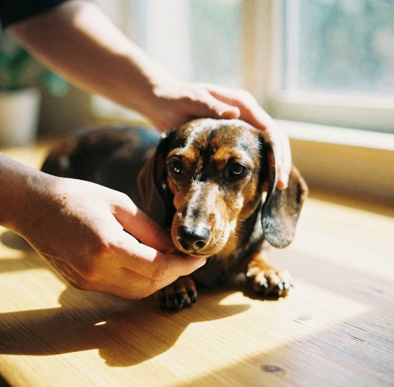 Close-up of artisan hands carefully measuring a calm dachshund on a wooden table, warm golden sunlight streaming through a window, soft focus