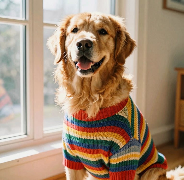 A joyful golden retriever indoors wearing a colorful, custom-fit striped knit sweater, sitting near a sunny window with warm golden-hour light, medium shot focusing on the high-quality fabric texture.