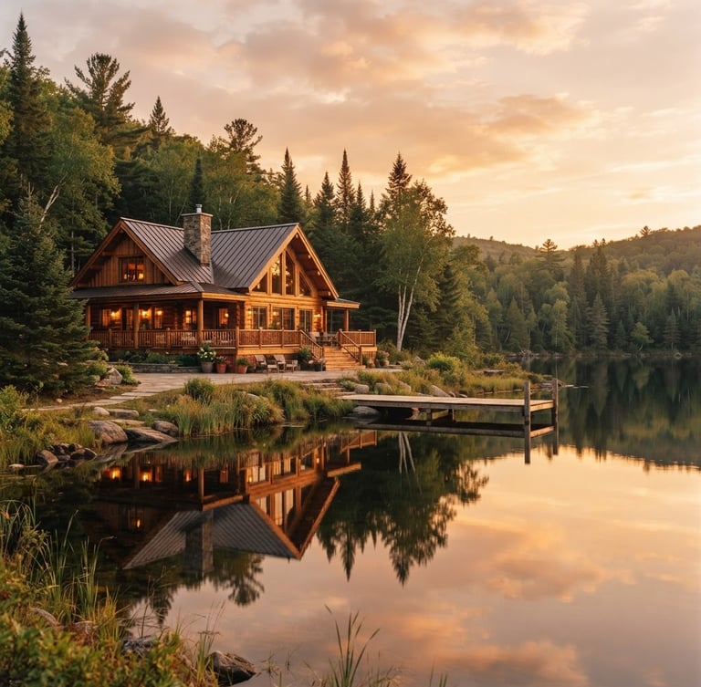 Finished luxury timber cottage reflecting on still lake water at golden hour, wide environmental landscape, crisp details, shallow depth of field, 35mm