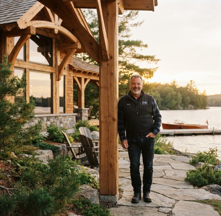 Rick, the founder of RBConstruction, standing confidently beside a newly completed luxury timber cottage on a Muskoka lakefront at golden hour, shallow depth of field, 35mm.
