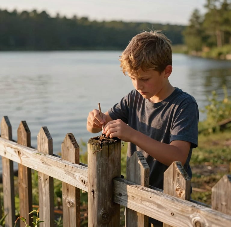 A young Rick, around 10-12 years old, diligently repairing a wooden fence post at a rustic children's camp by a lake, hands-on, natural daylight, warm tones.
