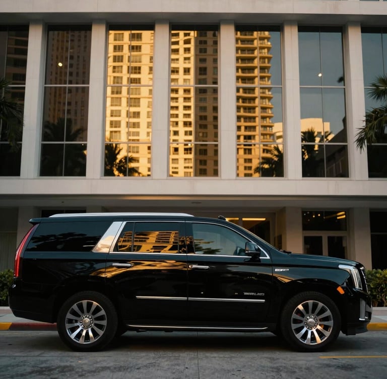 Cinematic side profile of a polished black Cadillac Escalade parked in front of a luxury Miami hotel, sharp golden hour reflections on the tinted windows, 35mm