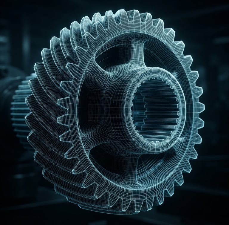 Macro shot of a 3D CAD wireframe of a complex machined gear, high-contrast studio lighting, cool metallic tones, dramatic shadows.