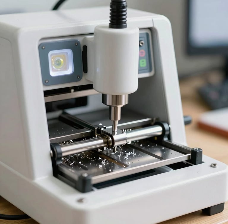 Close-up of a computerized key-cutting machine in action inside a mobile workshop, bright focused LED lighting, metallic shavings, sharp technical details.
