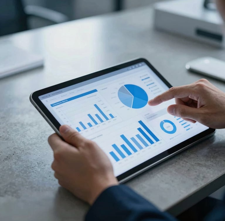 Macro shot of hands analyzing data charts on a tablet screen, cool daylight reflecting off a polished concrete office desk, sharp electric blue highlights, crisp corporate photography.