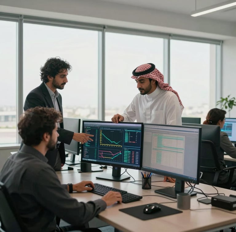 Wide cinematic shot of a modern, bright office in Riyadh, professional Saudi business team analyzing data on screens, soft natural daylight from large windows, editorial composition