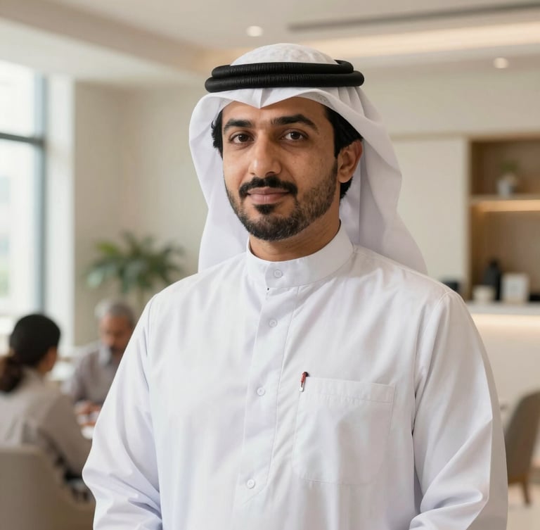 A professional hospitality manager in warm daylight, medium close-up, clean modern Saudi interior background, soft natural lighting.