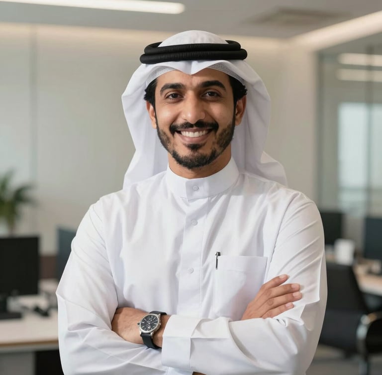 A professional portrait of a Saudi recruitment advisor in a modern Riyadh office, warm natural daylight, smiling confidently, clean minimalist background.