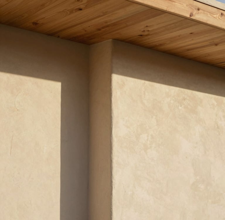 Architectural detail of the home showing the transition from plaster wall to a natural wood ceiling, soft afternoon light casting gentle shadows, 35mm