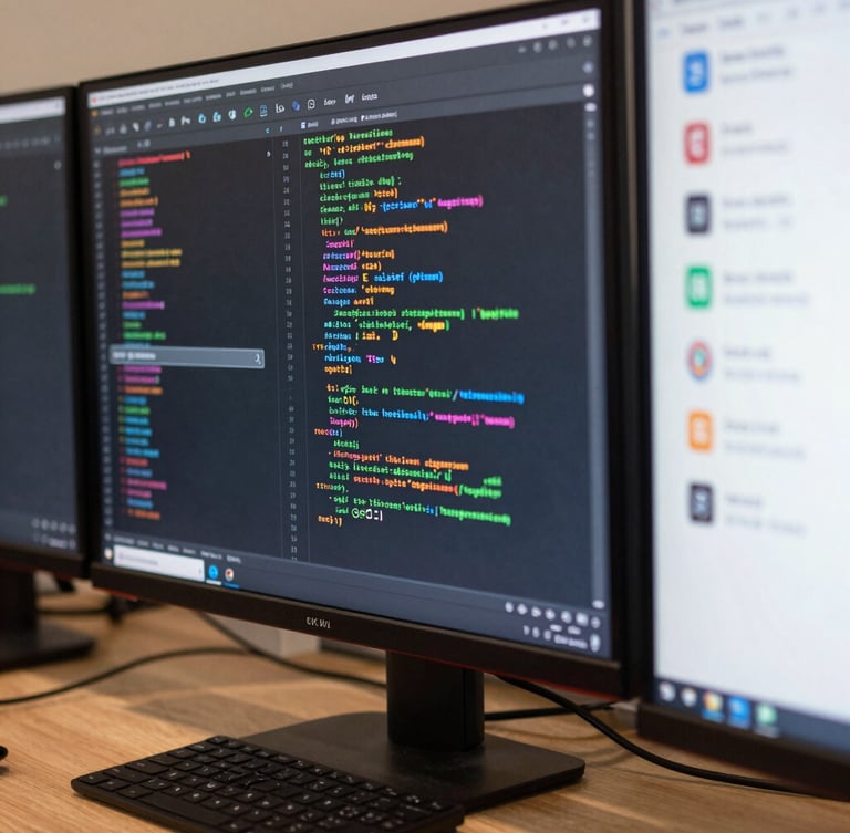 Daylight macro shot of a clean multi-monitor workspace displaying complex Google Ads campaign architecture and tracking pixel code, high clarity, no people