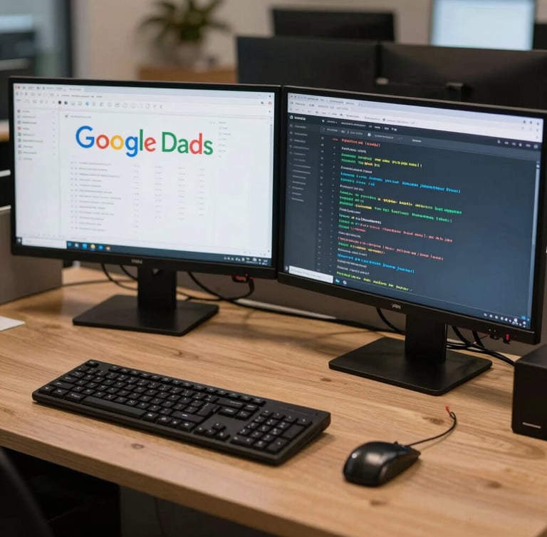 Wide-angle view of a structured technical workspace, dual monitors displaying Google Ads campaign structures and Meta pixel event logs, sharp focus.