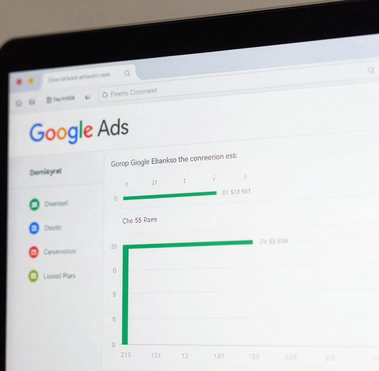 Tight macro shot of a live Google Ads dashboard showing conversion metrics, bright natural daylight, clean interface, high clarity.