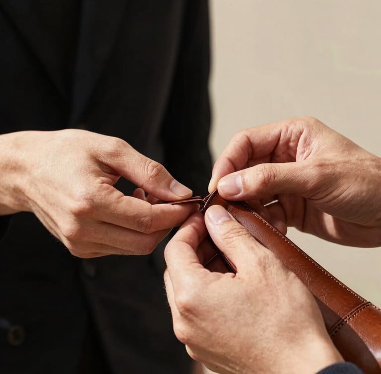 Editorial fashion photography of a craftsman's hands carefully stitching a luxury brown leather shoe, warm natural sunlight, focus on leather textures, 85mm