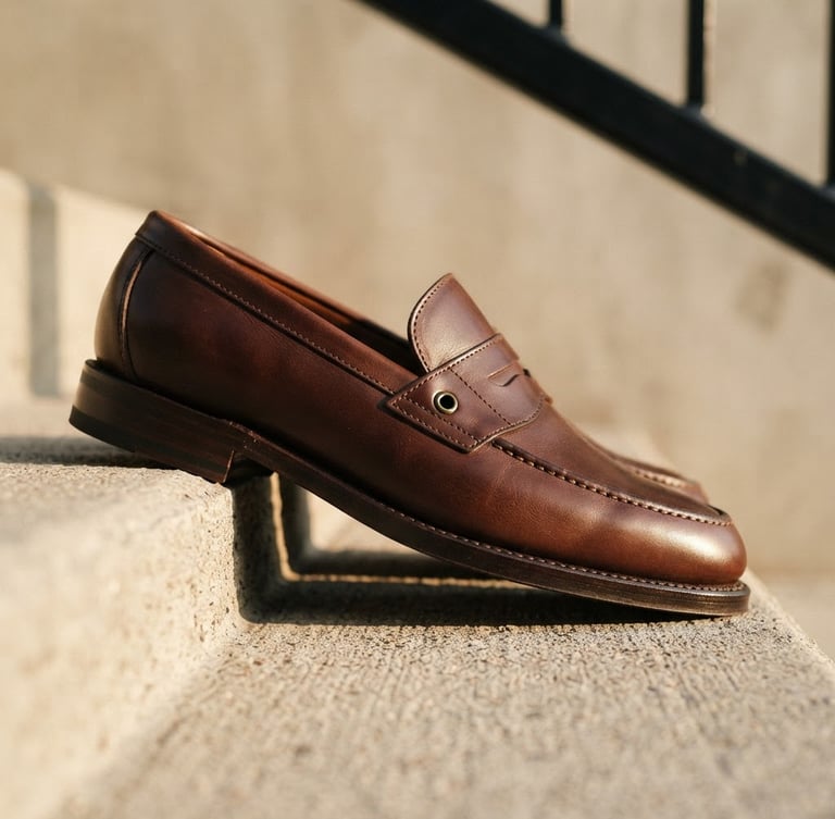Editorial fashion photography, low-angle shot of a luxurious leather loafer on a minimalist concrete step, warm natural sunlight, sharp focus on hand-stitched details
