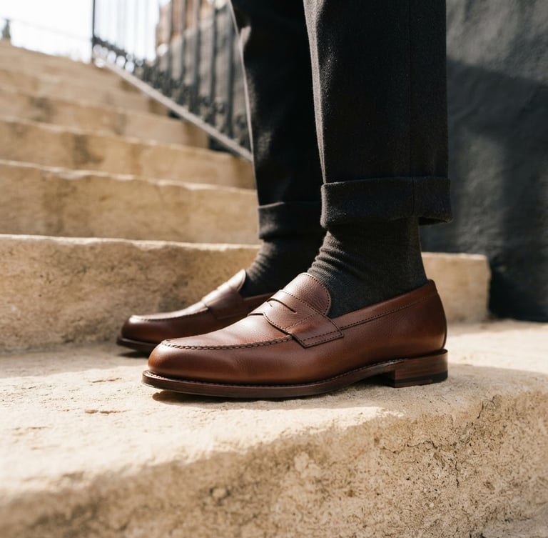 Low-angle editorial fashion shot of hand-stitched leather loafers on feet, warm morning sunlight casting soft shadows on minimalist beige stone steps, 85mm