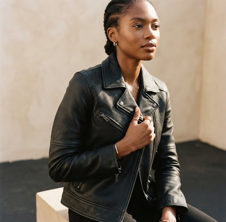 editorial fashion photography, warm natural sunlight, minimalist beige and black background, sharp focus on leather textures, 85mm