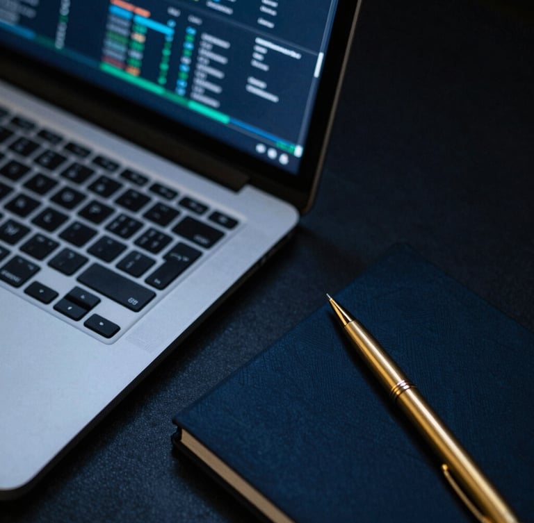 Macro overhead shot of a clean digital workspace, low-key ambient lighting, a sleek laptop showing a complex data visualization, with a gold pen resting on a dark notebook, 35mm photography