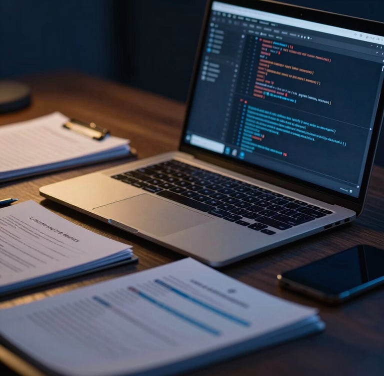 Macro shot of a high-end digital workspace with subtle gold ambient light, a laptop screen displaying clean code, and organized academic materials on a dark wooden desk, moody editorial photography, low-key ambient light with gold accents, deep blue tones, crisp macro focus, 35mm.