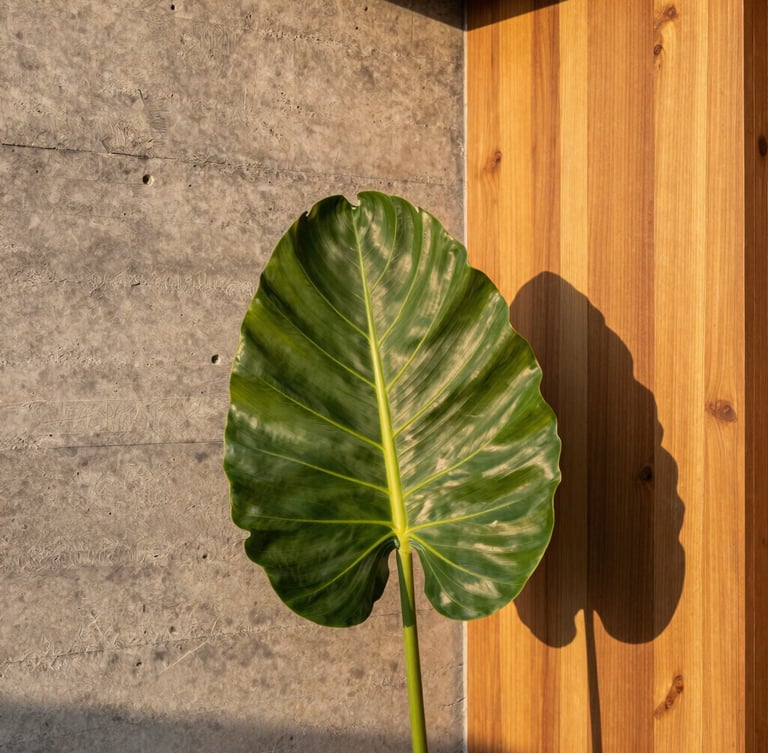 Close-up portrait shot of a textured raw concrete wall next to a warm timber panel, with a large, vibrant tropical leaf casting a soft shadow. Golden hour sunlight, editorial style.