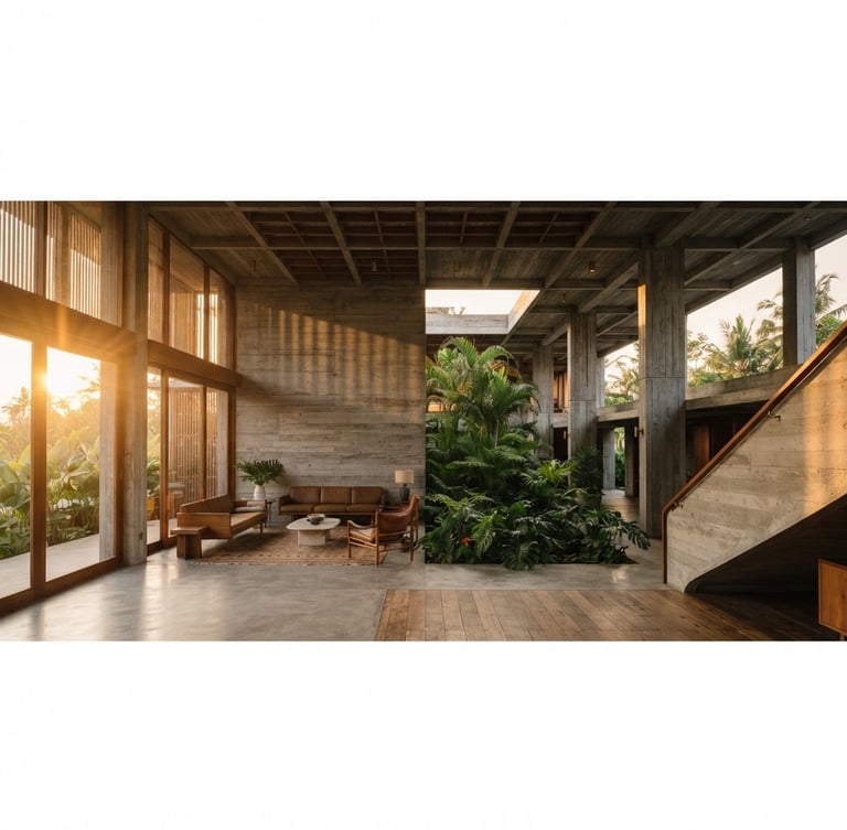 Wide panoramic shot of a tropical brutalist building interior, raw concrete walls, warm timber accents, lush green tropical plants, golden hour sunlight filtering through, creating soft shadows. Focus on architectural lines and serene atmosphere, no people.
