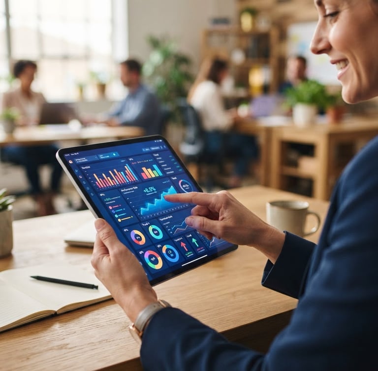 Hands of a digital strategist pointing at a clean performance dashboard on a tablet screen, warm office lighting, authentic workspace, 35mm