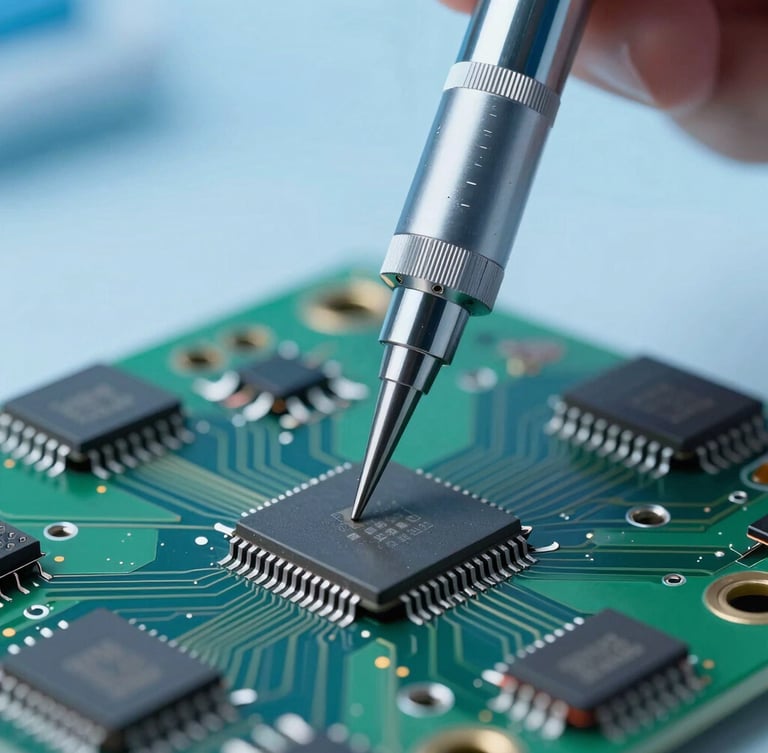 Macro shot of a high-precision diagnostic probe touching a microchip on a clean green circuit board, cool blue clinical lighting