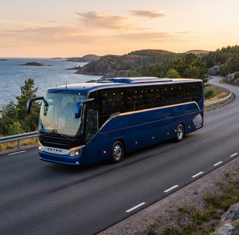 Crisp commercial photography of a modern luxury charter bus, gleaming dark blue paint with amber accents, parked on a scenic Baltic highway at golden hour, sharp focus, 35mm lens