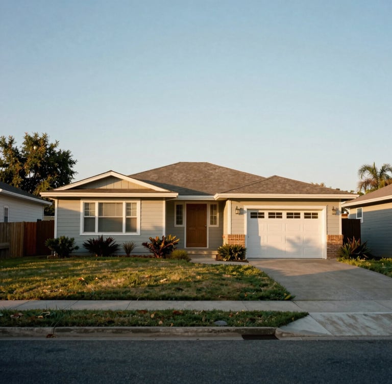 A clean, modest mid-century home in an established suburban neighborhood, bathed in soft golden afternoon light, clear negative space on the right.