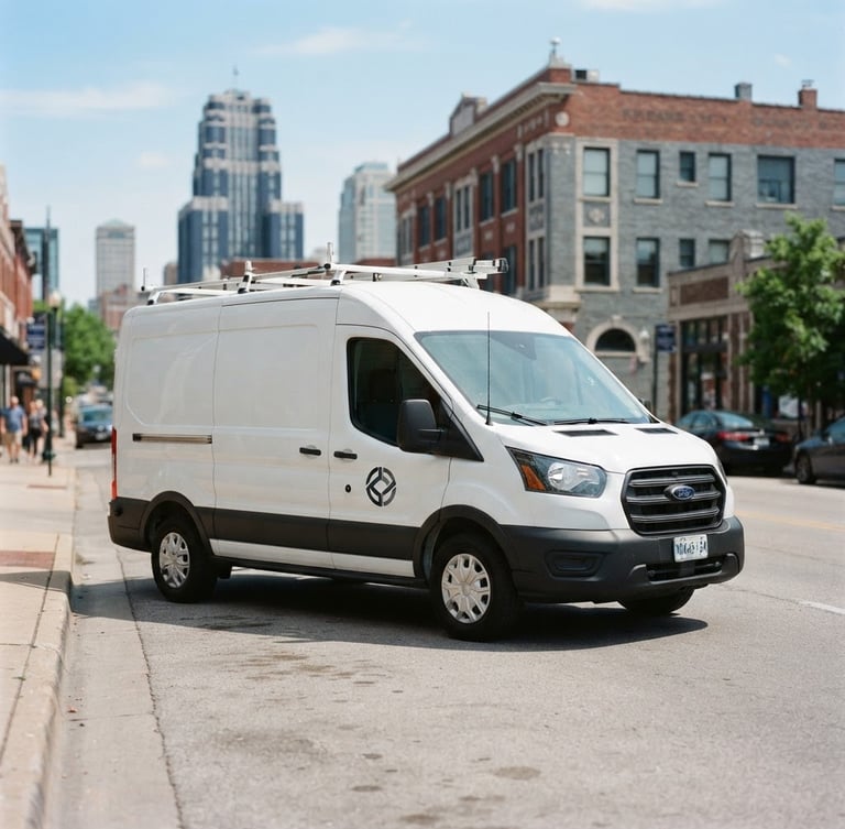 A professional corporate photograph of a clean white field operations vehicle with subtle corporate branding, parked in bright natural daylight on a Kansas City street, cool slate and navy tones, sharp focus, 35mm, portrait framing.