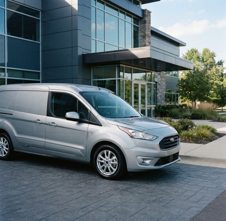 A clean, modern corporate fleet vehicle parked in bright daylight in front of a professional office building, sharp focus, 35mm.