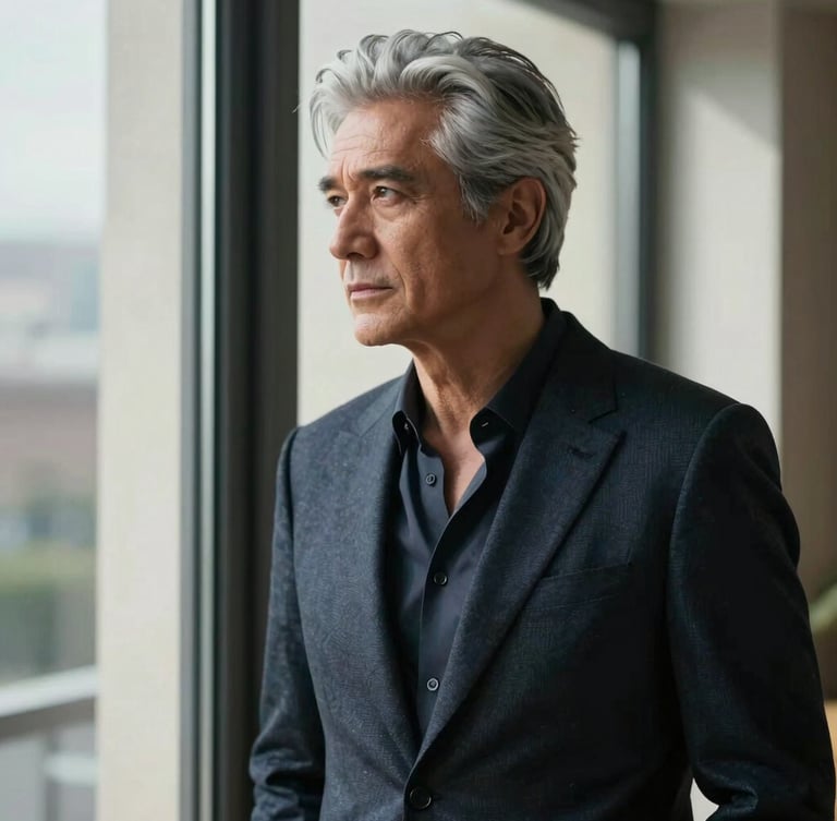 Cinematic portrait of a stylish man in his late 50s with silver hair, looking thoughtfully out a large window, crisp natural light, rich shadows, high-contrast.