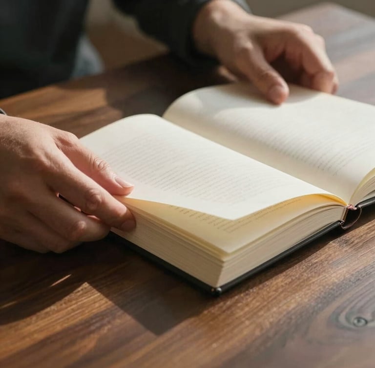 Crisp, close-up shot of hands turning the heavy, textured page of a premium printed journal on a dark wooden table, soft morning light casting long shadows