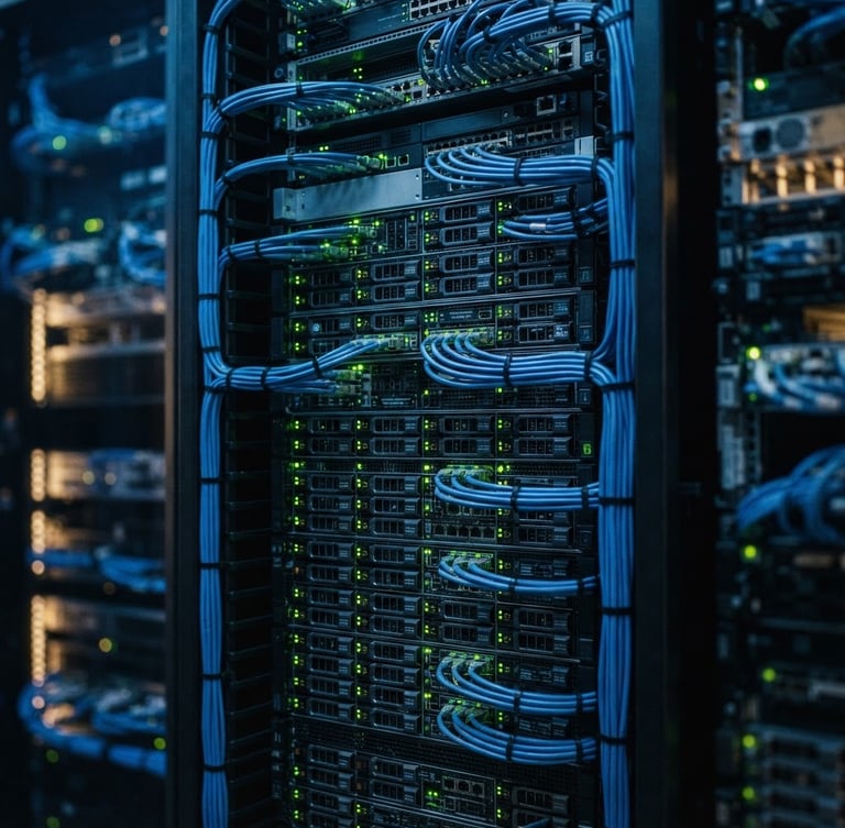 Macro shot of neatly organized server rack with glowing green LED indicators and structured blue cabling, high contrast, professional tech photography, 35mm lens