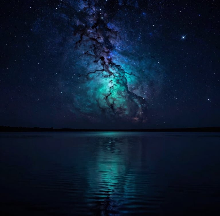 An expansive view of a starry night sky reflecting perfectly on calm, dark water ripples, glowing deep indigo and oceanic teal nebulae above, cinematic photography, long exposure