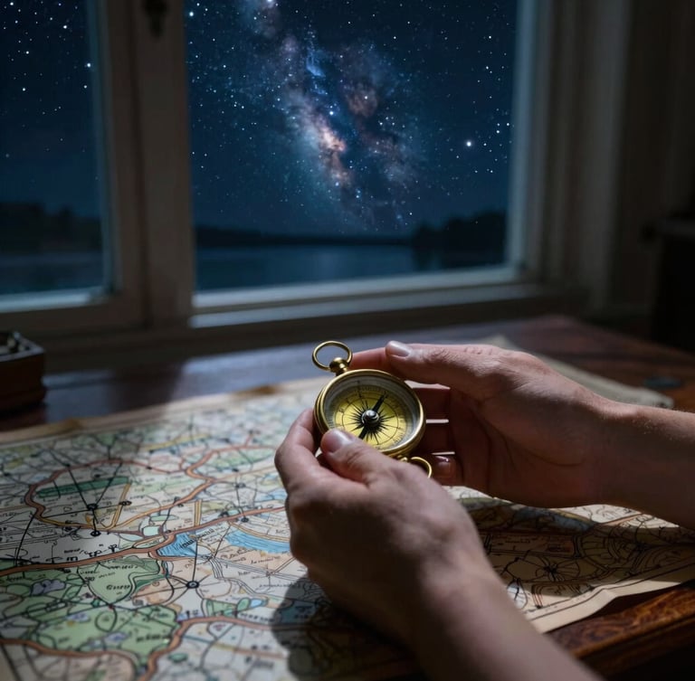 Close-up of hands holding an antique brass compass over a dark wooden map table, soft luminous starlight filtering through a window, deep indigo shadows