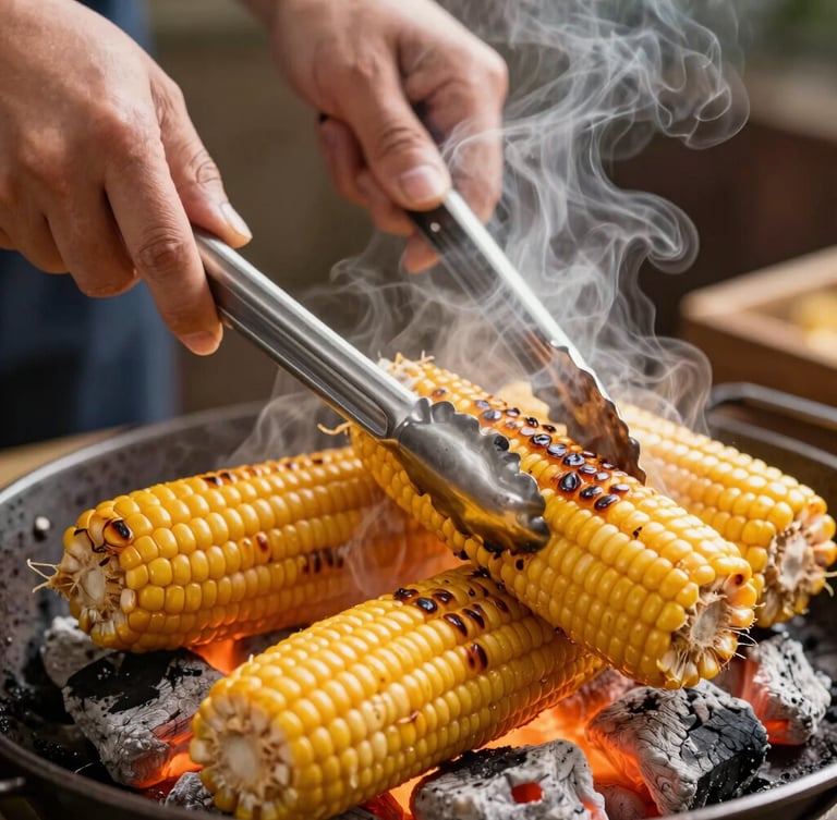 Close-up shot of hands using metal tongs to turn charring ears of corn over hot glowing coals, steam rising from the cracked husks, warm amber light