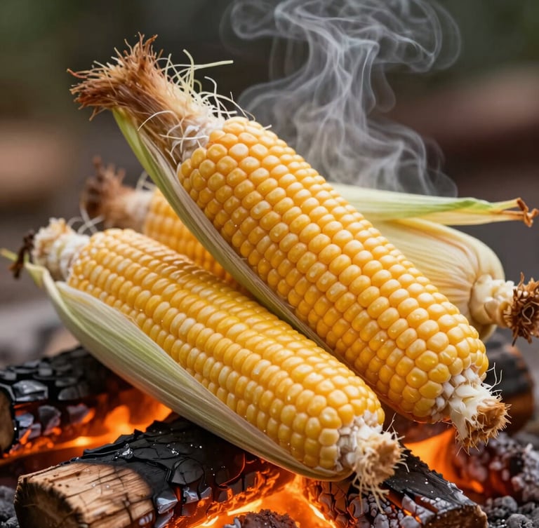 A tight, vertical close-up of fresh ears of corn with husks pulled back, charring beautifully over open wood flames, glowing orange embers beneath, steam rising.