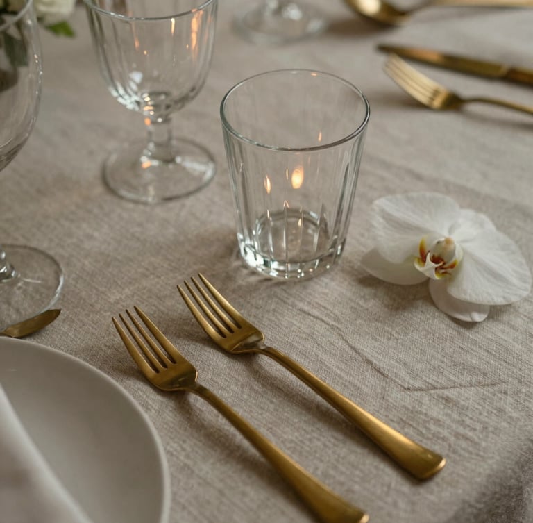 Close-up of a bespoke table setting, textured neutral linen, fluted glassware reflecting low-contrast warm light, brushed brass cutlery, single white orchid.