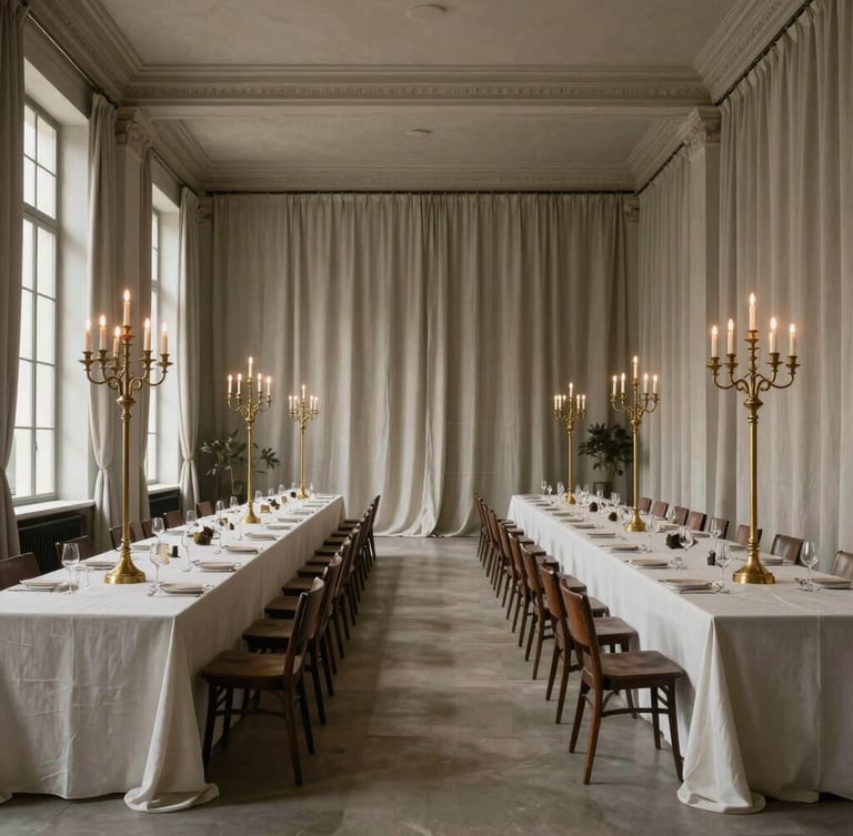 Wide-angle environmental shot of a grand hall styled with minimalist long tables, heavy linen drapes, and architectural brass candelabras before guests arrive, soft natural window light, symmetrical perspective.