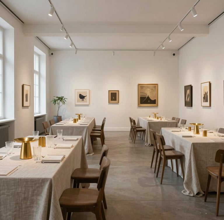 Architectural wide-angle shot of a styled gallery hall before guests arrive. Soft, diffused natural light illuminates symmetrical rows of heavy linen tables, brushed brass accents, and fluted glassware.