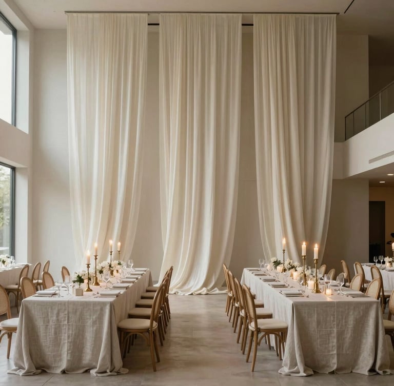 Architectural interior of a modern minimalist wedding reception, warm diffused natural light, towering alabaster draping, symmetrical long table with heavy linen and brass candlesticks.