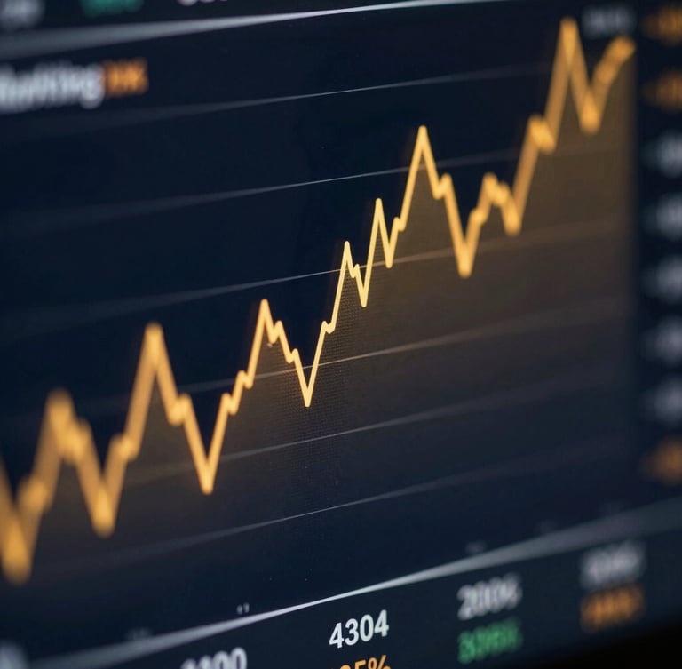 Macro close-up of a high-fidelity digital interface displaying real-time marketing metrics, golden data curves on a dark navy screen, dramatic high-contrast lighting