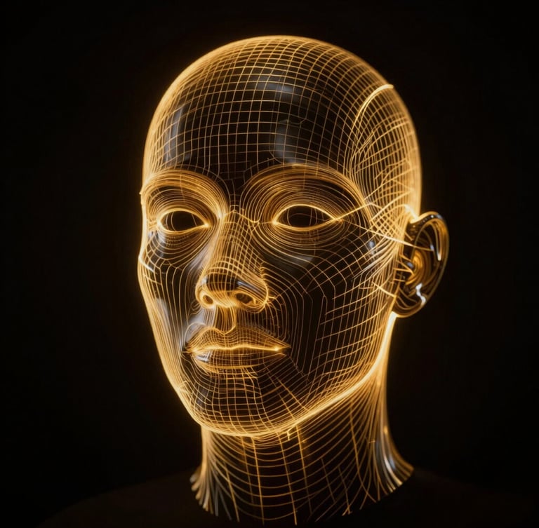 A high-fidelity cinematic still of a dark studio with gold laser lines tracing a 3D digital face, dramatic side lighting, high contrast, 16:9 aspect ratio.
