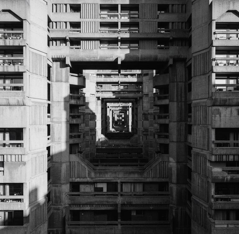 Monochromatic shot of a brutalist concrete facade, strong shadows from low-angle morning sun, precise one-point perspective, empty of people, medium format.