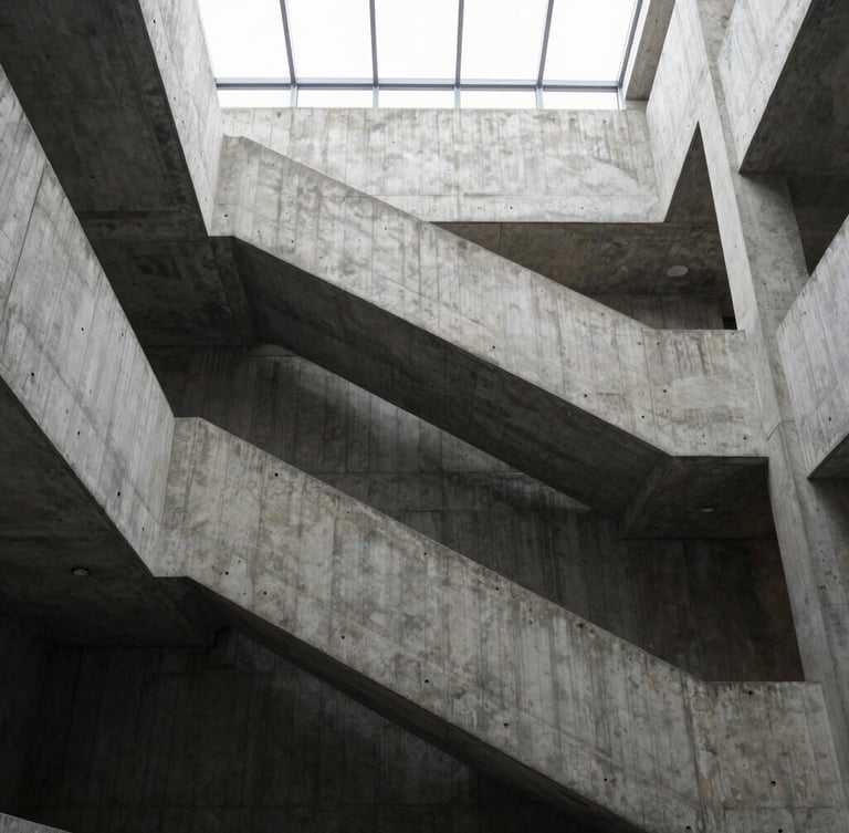 Tall, narrow portrait shot of a brutalist concrete stairwell, strong graphic lines, natural light from a high window, precise two-point perspective, empty.