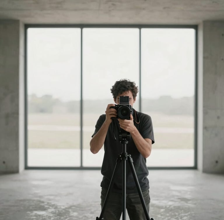 Architectural photographer, mid-shot, holding a medium format camera on a tripod, in a minimalist, empty concrete interior with soft diffused natural light from a large window. Focus on the photographer's focused expression and the camera, with the architectural space as background. Eye-level perspective, muted neutral tones.