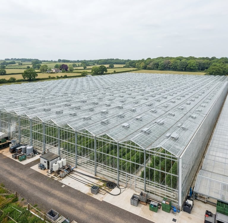 Wide panoramic view of a large commercial multi-span greenhouse structure in a rural landscape under bright overcast daylight, structural steel visible, right side bleeding to edge.