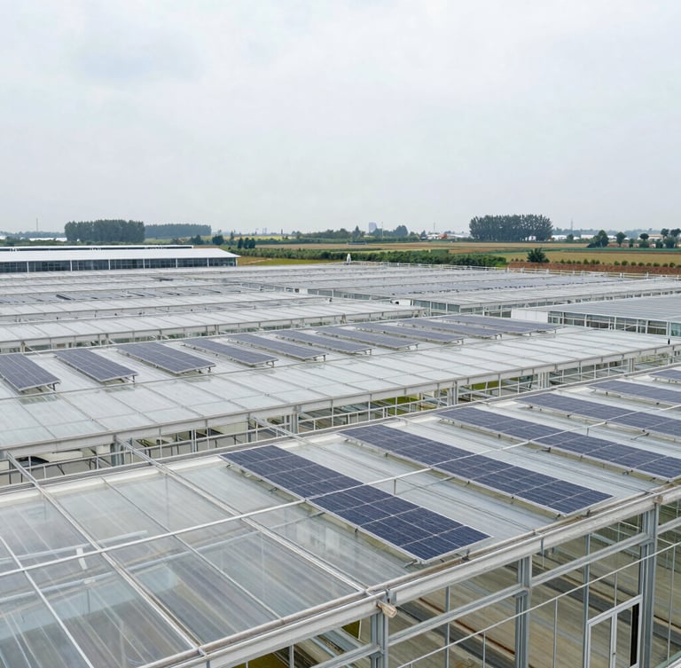 Wide-angle architectural shot of a large commercial greenhouse with integrated solar panels on the roof, under bright overcast daylight, structural steel visible, rural landscape in background, clean technical mood.