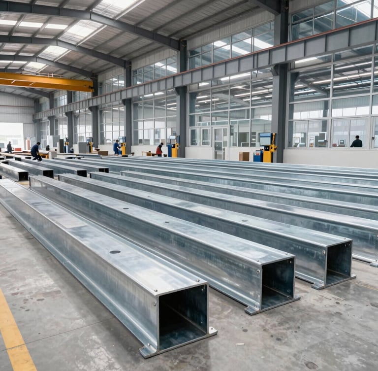 Wide-angle shot of a clean, modern steel fabrication facility, welders in the background, focus on heavy-gauge galvanized steel beams being processed, bright overcast daylight, industrial architectural photography